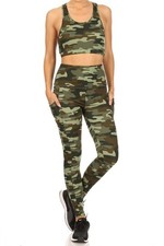 2 Piece Green Camouflage Crop Top and Legging Set Green M