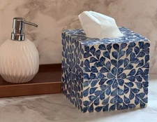 Mother of Pearl Mosaic Inlay Tissue Box Cover, Blue Floral