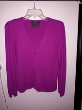 Vtg Carol Little Silk Cashmere pointelle Cardigan Purple Magenta Fuchsia Sz L
