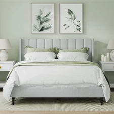 Full Size Bed Frame with Fabric Upholstered Headboard, Full Platform Bed, Woo...