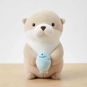 Kawaii Otter Plush Toy Holding Blue Fish - Soft Beige Sea Otter Stuffed Animal