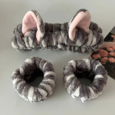 3/12pcs Cute Cat Ear Leopard Print Plush Headband With Elastic Wrist Straps NEW