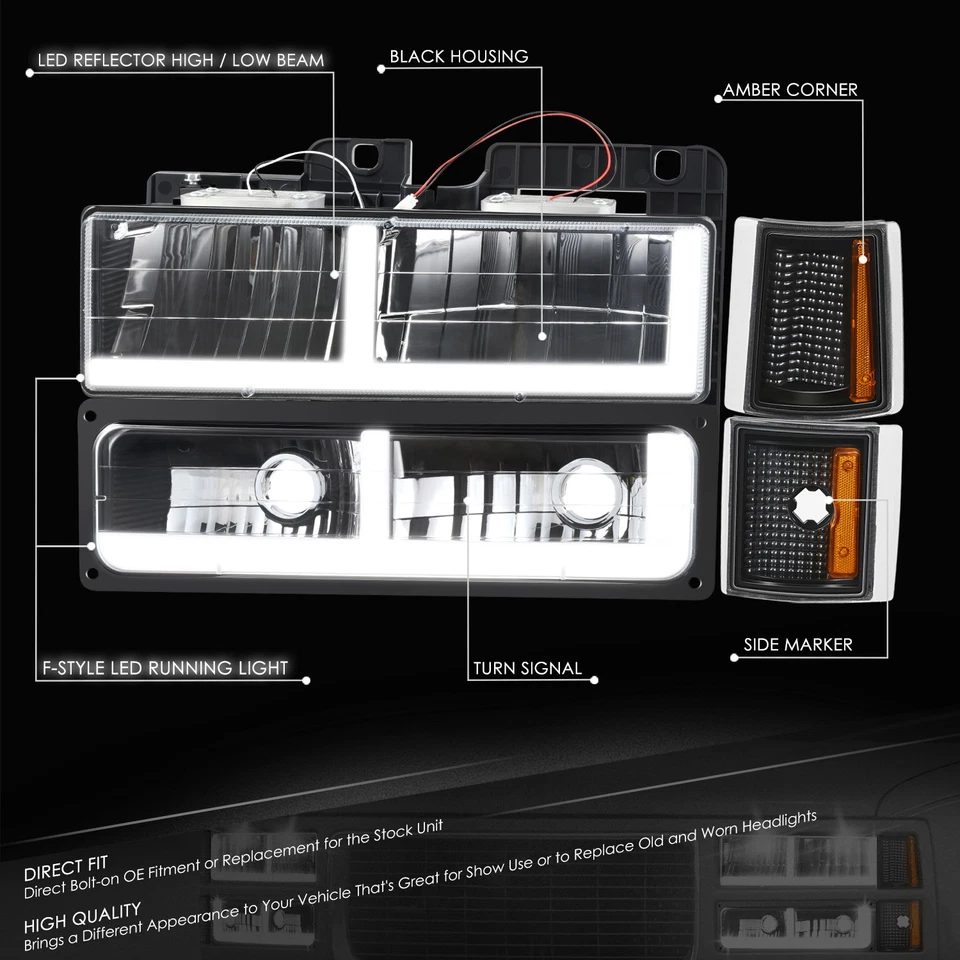 Faros negros/ámbar con barra LED DRL para camioneta GMC C/K Suburban Yukon 1994-2000 Foto 2 de 4