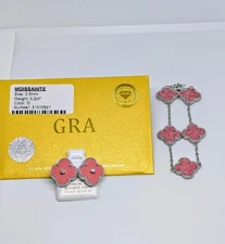 Brand New Pink Mother of Pearl Moissanite Earrings & Bracelet 925 Silver Set