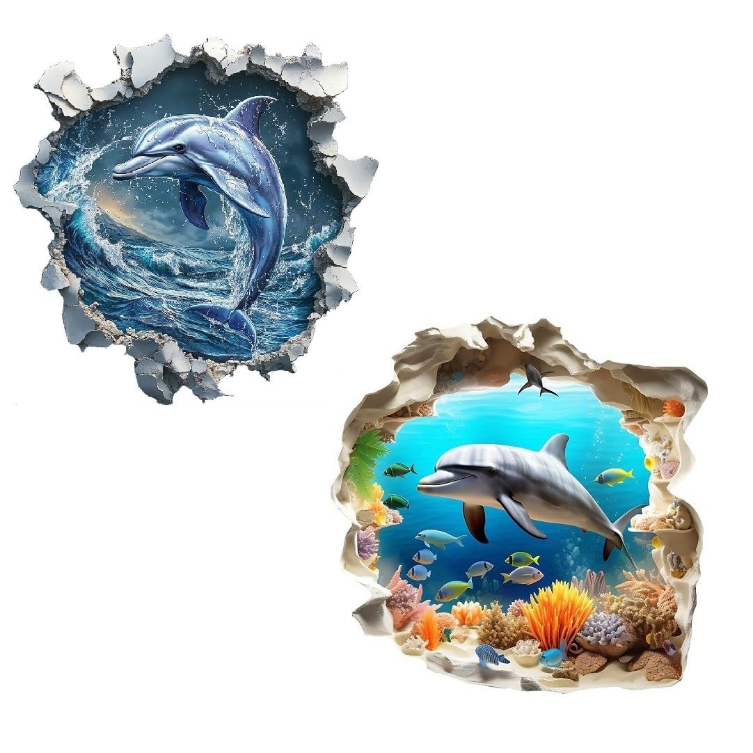 Stickers muraux 3D dauphin lot de 2 décors sous-marins repositionnables en vinyle