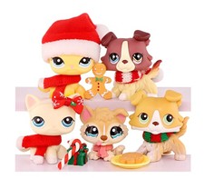 lps 5Pcs Mini Pet Shop lps Collie Dog and Cat Figure with Xmas Accessories Gift