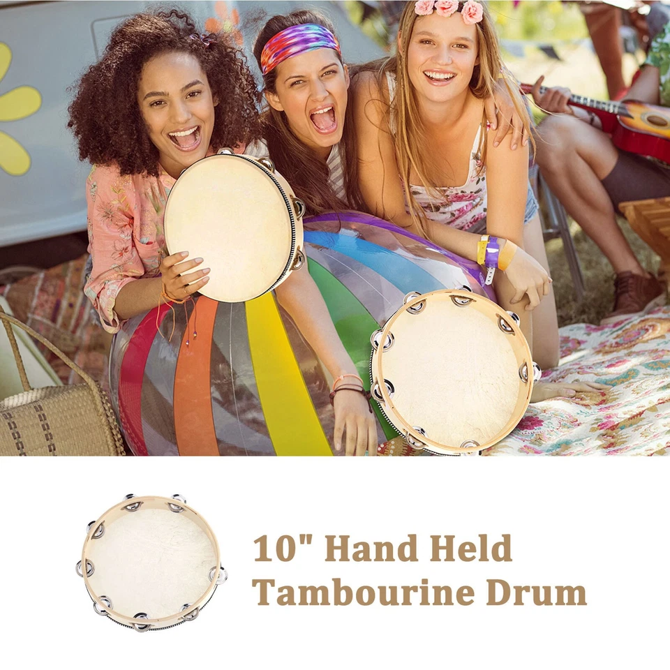 10" Musical Tambourine Wood Hand Held Tamborine Drum Round Percussion Gift - Image 2 of 4