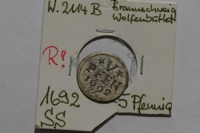     DEUTSCHLAND BRAUNS-WOLF. SELTEN 5 PFENNIG 1692 HOCHWERTIG B86 WP17