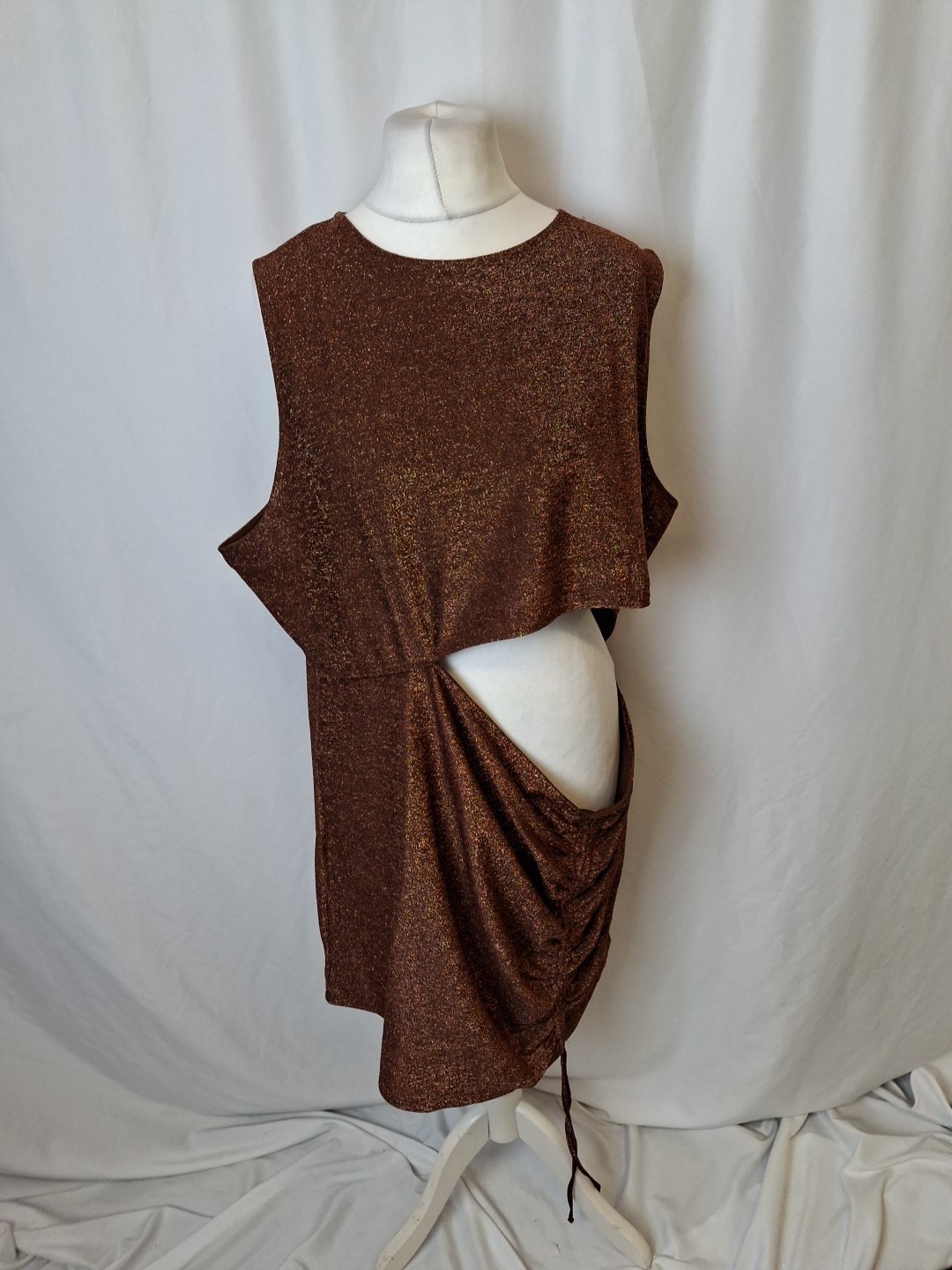 H & M Divided Brown Sparkly Metallic Dress occasion Cut Out Waist uk 26  E3456 thumbnail 2