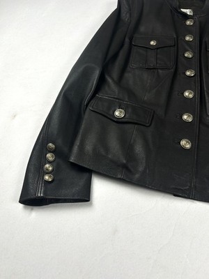 Vintage Black Leather Military Officer Jacket Silver Button Gothic
