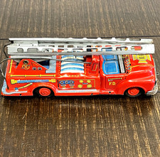 Vintage Tin Litho Fire Engine Ladder Truck Friction Toy Japan TN Nomura