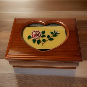 Wood Jewelry Box Heart Stained Glass Rose Trinket Box Green Velvet Interior 5.5”