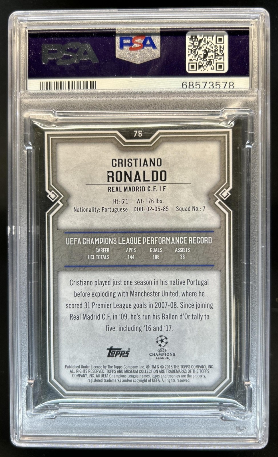 2017 Topps Museum UEFA Cristiano Ronaldo Sapphire #/75 PSA 8 view 2