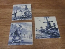 2  Delft Holland Handpainted Tiles  + 1 Unkown  4x4 Blue White 80s 90s Lot 3