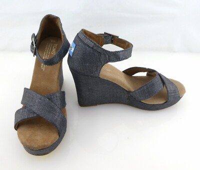 TOMS Shoes Classic Denim Wedge Ankle Strap Gray Sneakers Mismatch Womens 