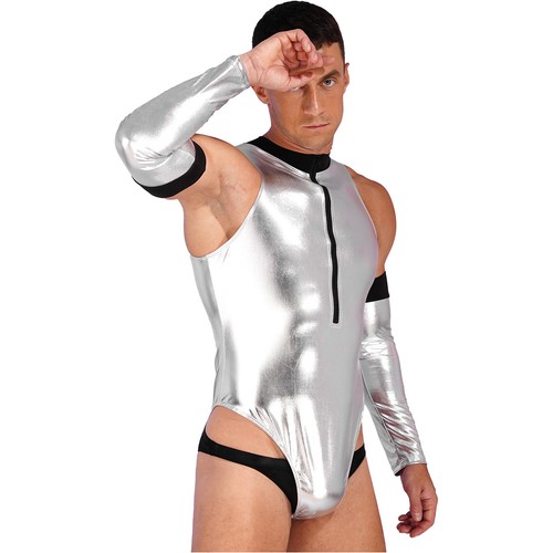 Herren Wetlook Metallic Catsuit Overall mit Handschuhe Stringbody Alien Kostüm - Bild 9 von 49