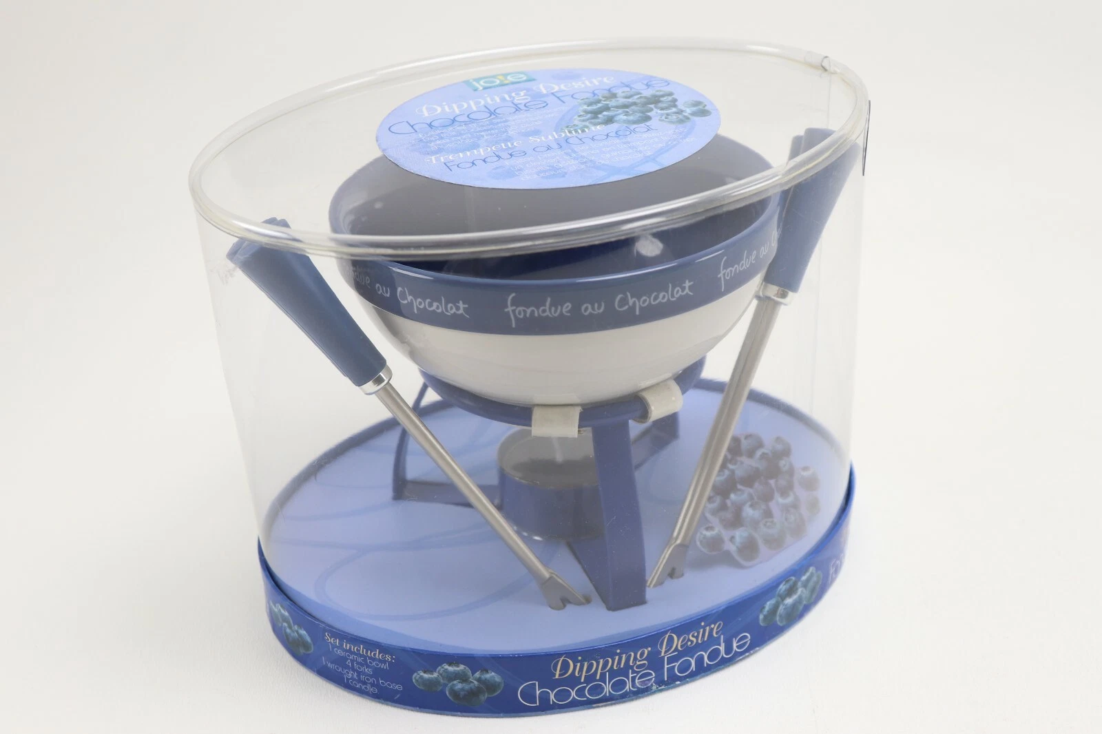 Jo!e Dipping Desire Chocolate Fruit Fondue Set Blue Bowl Forks Base Candle