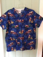 Peaches Uniforms 100 Cotton Scrub Top Santa Reindeer Motorcycles Blue Sz Small