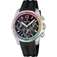 Festina Rainbow F206103 Womens Black Rubber Strap Chronograph Dial Wristwatch