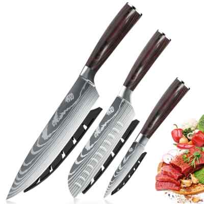 Kitchen Knives Set of 3 Japanese Damascus Style Stainless Steel Sharp Chef Knife