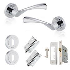 XFORT Polished Chrome Warped Lever On Rose Lock Pack, Complete Lock Set