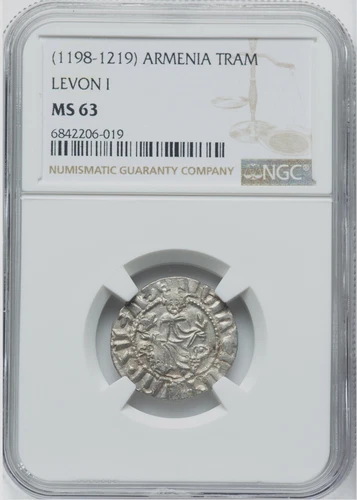 1198 - 1219 SILVER CILICIAN ARMENIA TRAM LEVON I CRUSADES COINAGE NGC MS 63