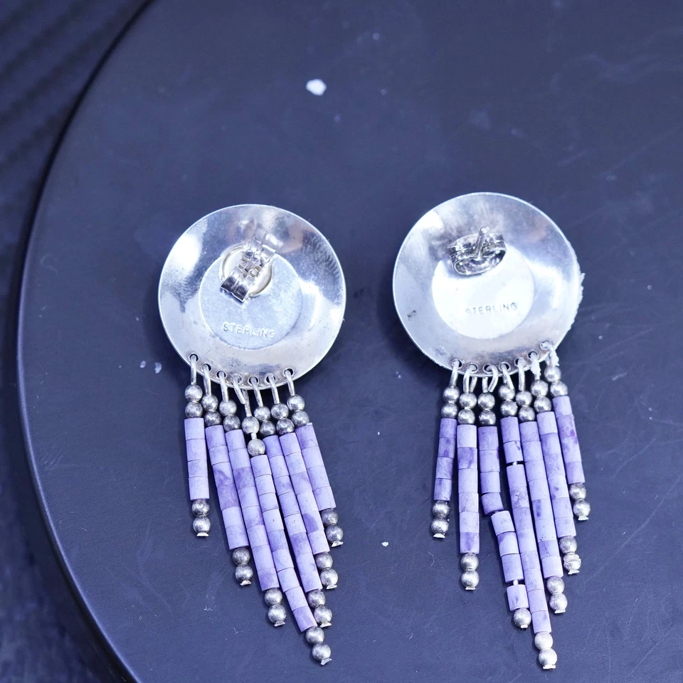 Pendientes nativos americanos de plata de ley 925 con fluorita opalizada y flecos Foto 4 de 4