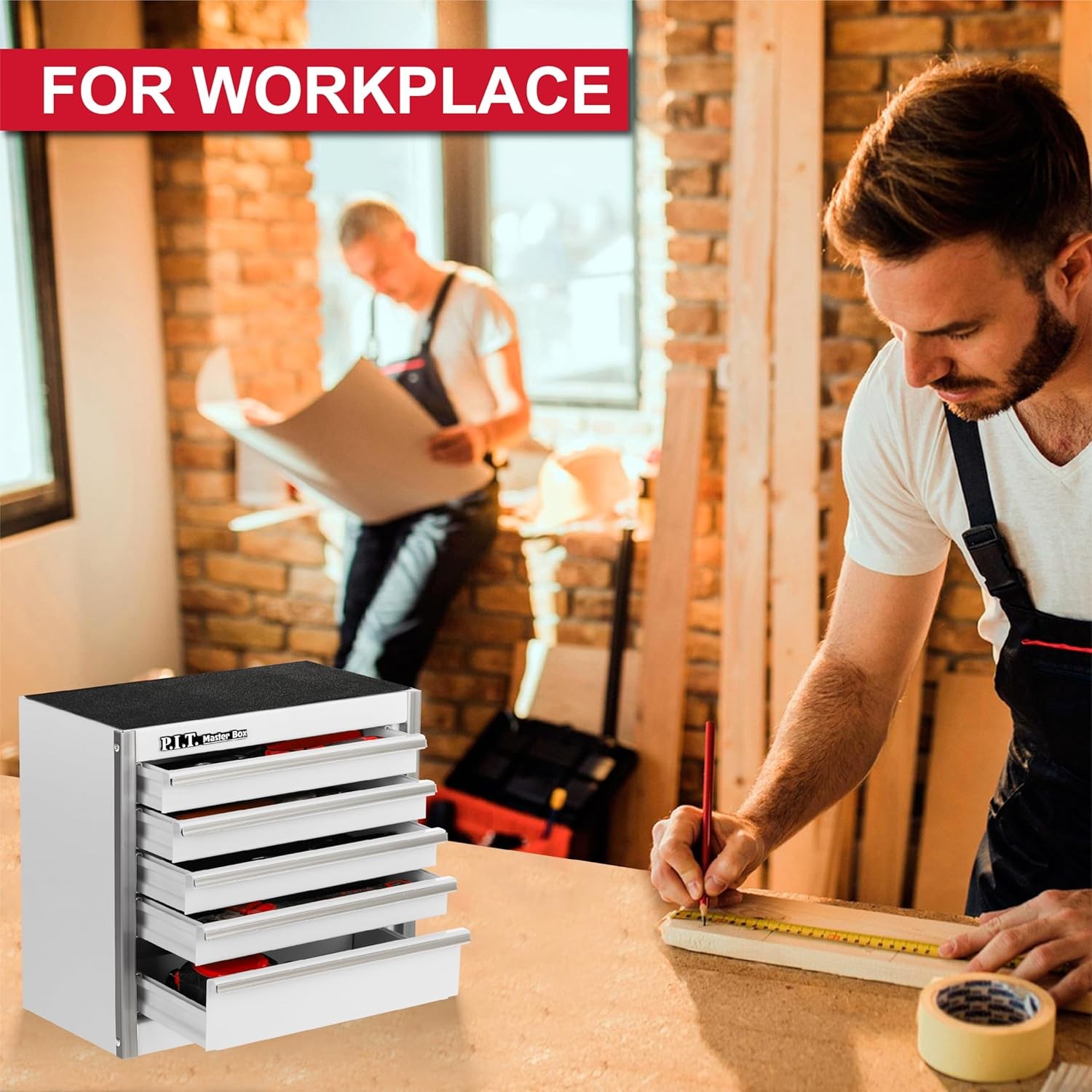 P.I.T. Mini White Tool Box, Portable 5-Drawer Micro Roll Cab 5-Drawer, 