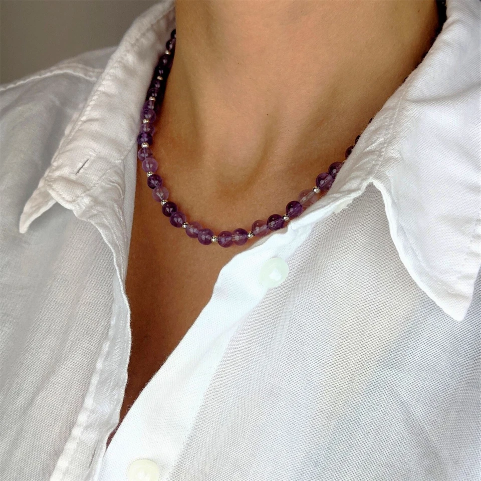 81stgeneration Collana in Argento Sterling 925 Perle di Ametista Rotonda Boho - Immagine 4 di 4