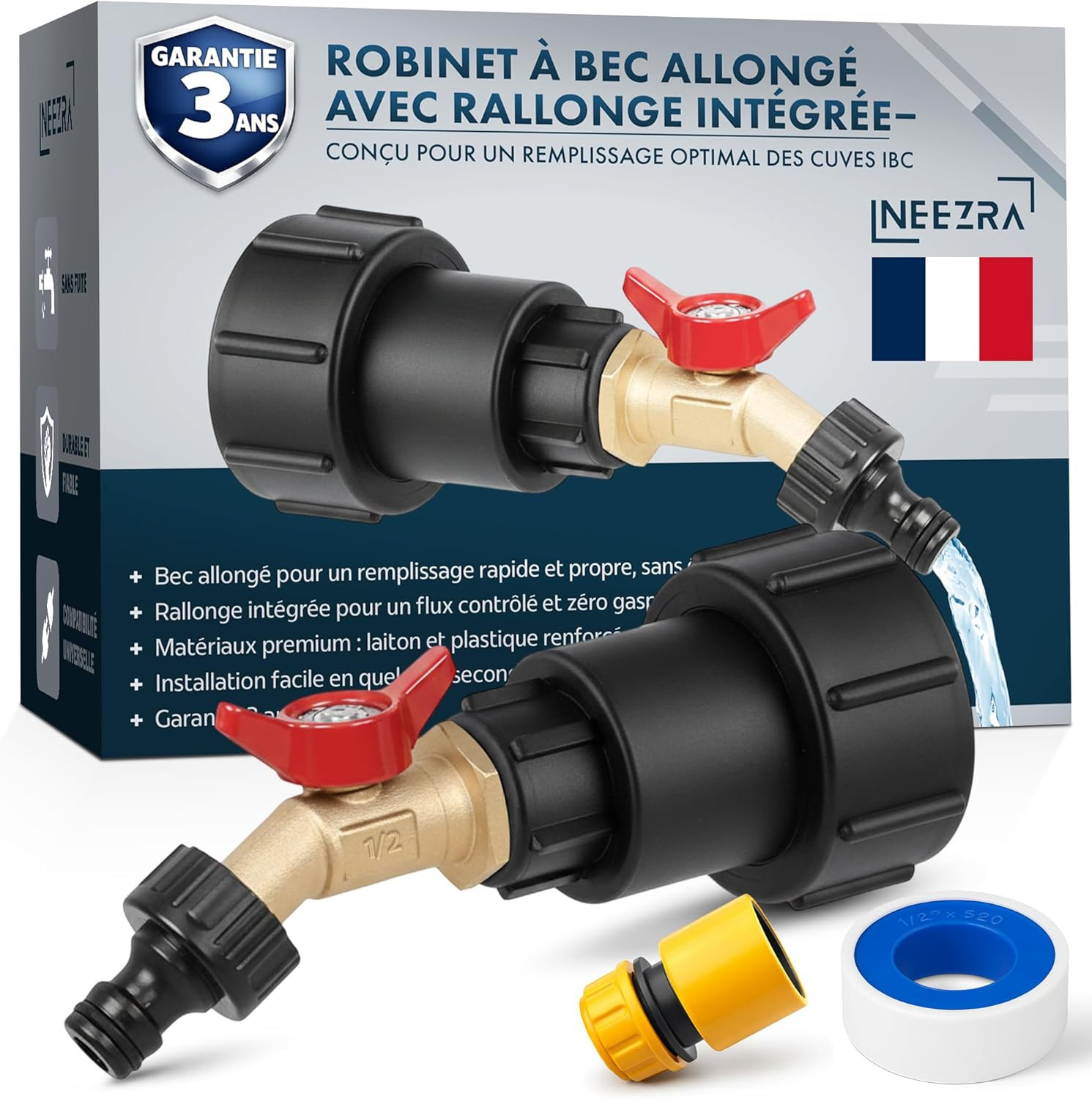 Robinet pour cuve 1000L IBC anti-fuite avec bec allongé pour vannes S60X6