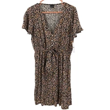 HURLEY Flirty Dress Medium NWT Skater Mini Short Sleeve Animal Print Tie Front