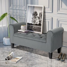 Button-Tufted Storage Ottoman Bed Bench, Grey