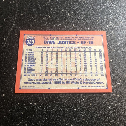 1991 Topps - David Justice #329 MLB Atlanta Braves OF-1B - Picture 2 of 2