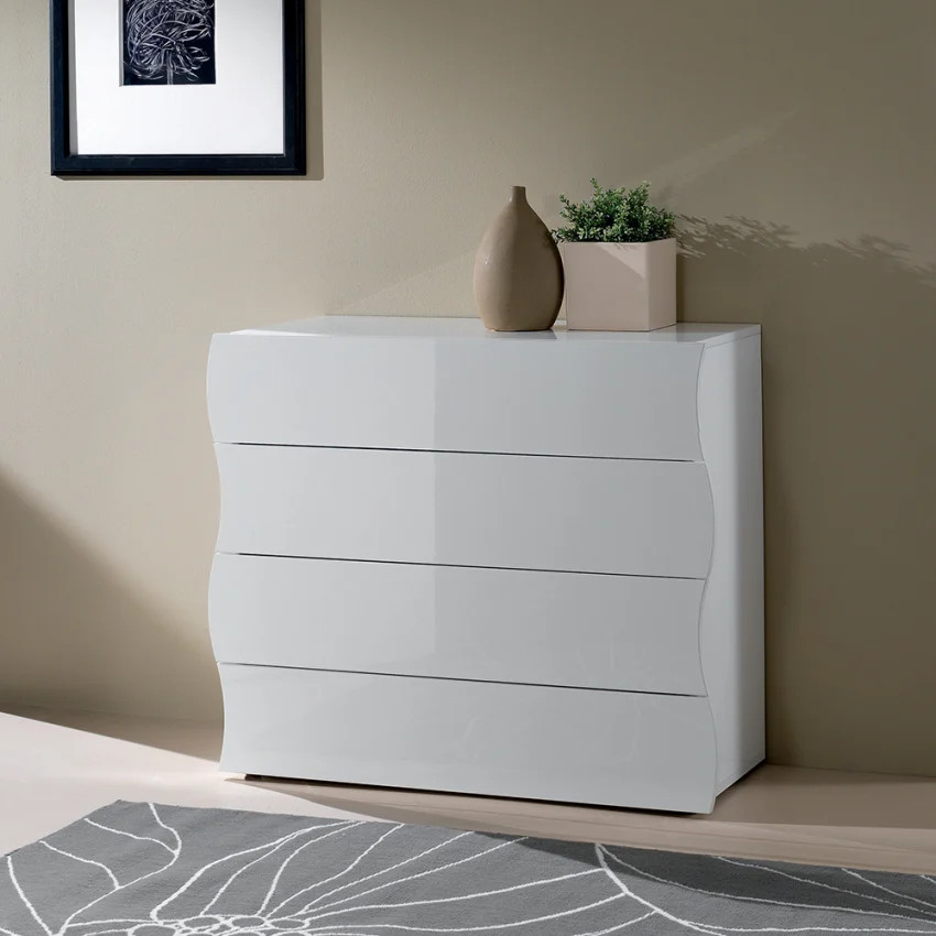 Cette commode de chambre 100cm à 4 tiroirs blanc brillant optimise élégamment votre espace