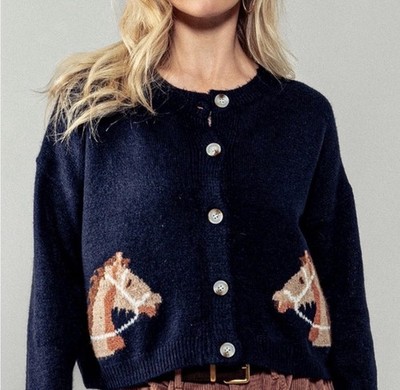 {NWT} Vigoss Dark Blue Horse Pattern Cropped Cardigan Large