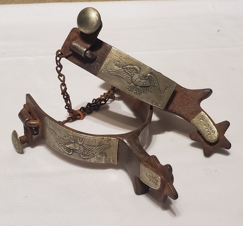 RARE Vintage Marked KELLY Silver EAGLE Overlay Prop Shank Spur Set 5 Star Rowels