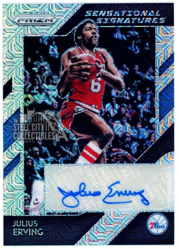 Julius Erving #SS-JEV Basketball Cards 2018 Panini Prizm Sensational Signatures trading card — raw and PSA graded price guide