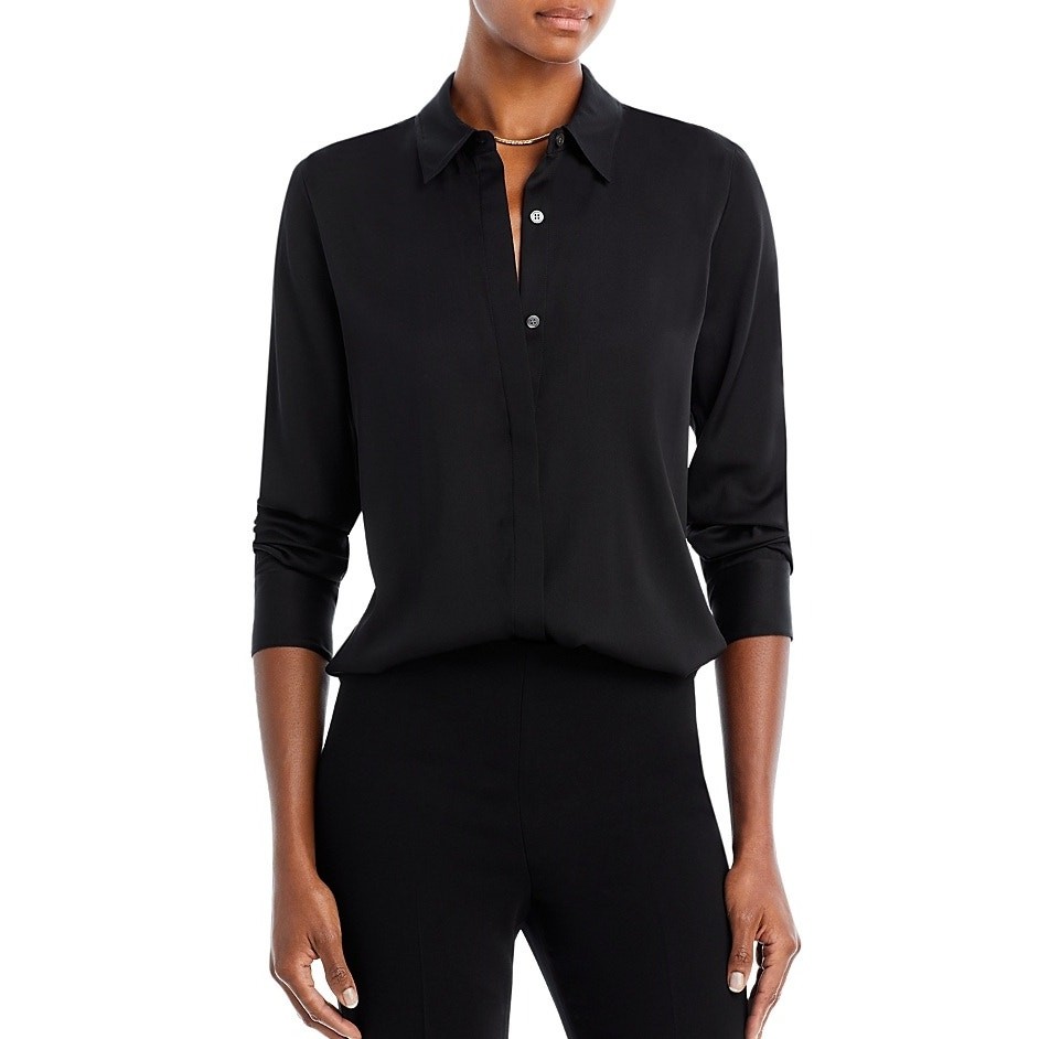 Theory Women Black Silk Stretch Sunaya Classic Button Down Blouse Shirt Size S
