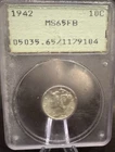 Lustrous 1942 Mercury Dime PCGS Old Rattler Holder MS65 FB Full Bands Silver P