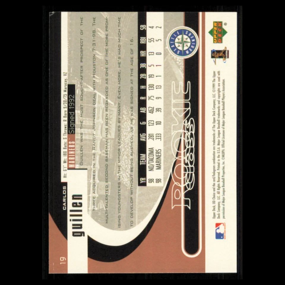 Carlos Guillen Rookie #19 1999 Upper Deck Choice Seattle Mariners Baseball Card - Image 2 of 3