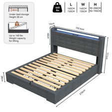 Image of NEW OTTOMAN STORAGE UPHOLSTERED BED FRAME WITH SOCKET & LED LIGHT & DRAWER 3-5FT