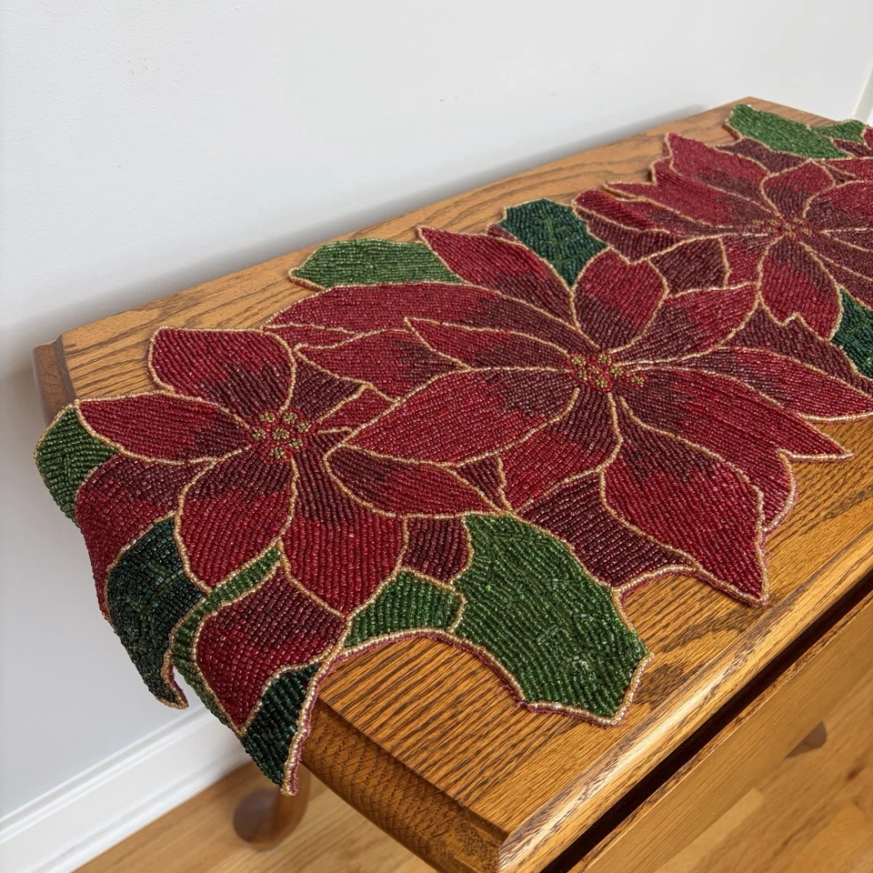 Poinsettia Beaded Table Runner Christmas Centerpiece Floral 13" x 36" Festive - Image 4 of 4