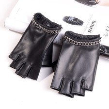 Women's Ladies Real Leather Classical Fingerless Chains Short Mittens Gloves