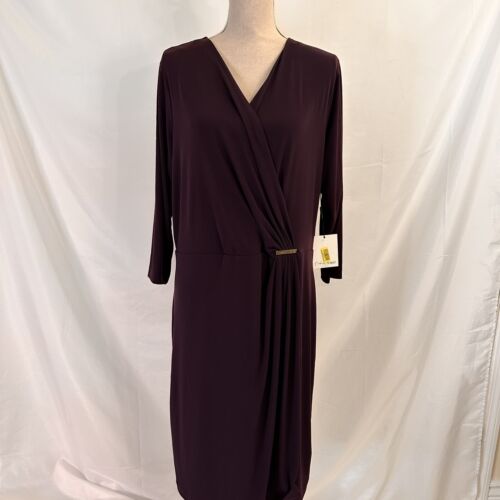 Calvin Klein Maroon Jersey Knit Dress size 14 Faux Wrap Sheath NEW
