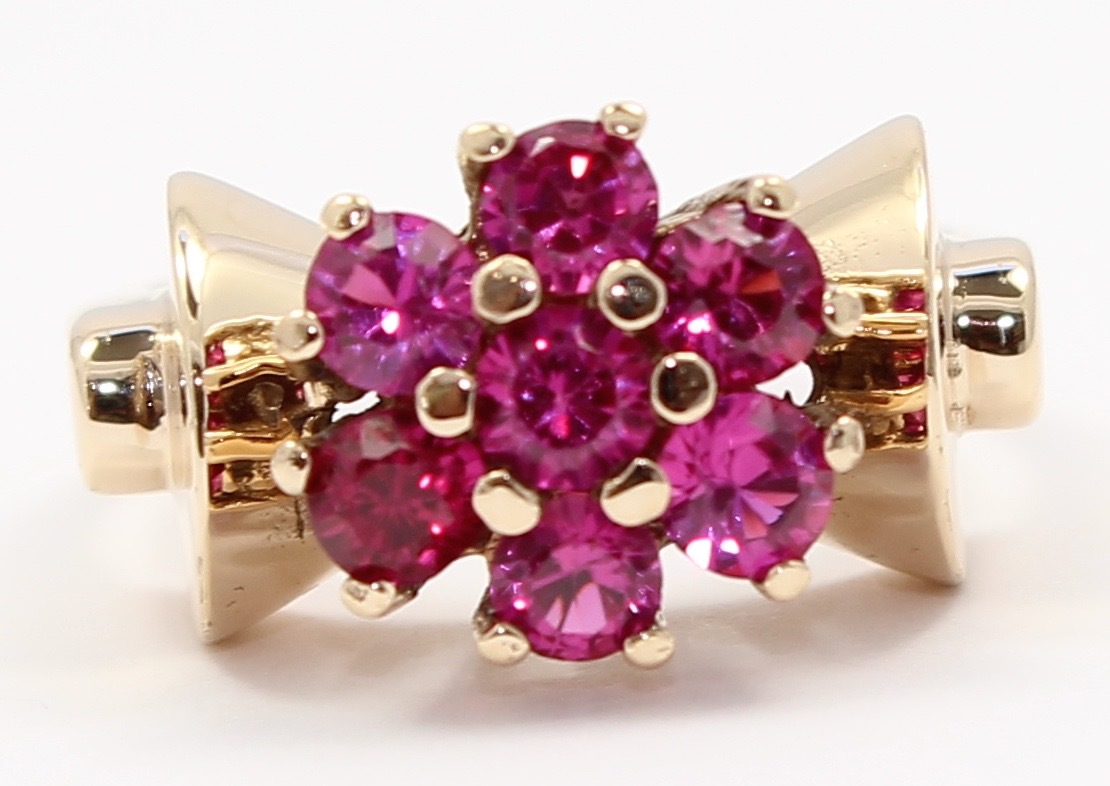 10k Yellow Gold Red Stone Ladies Cluster Ring - image 2