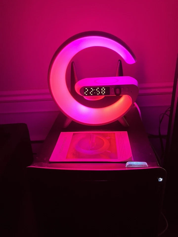 Google Alarm Clock Bluetooth Speaker Atmosphere Light Cordless Phone Charger WHT - Image 3 of 4