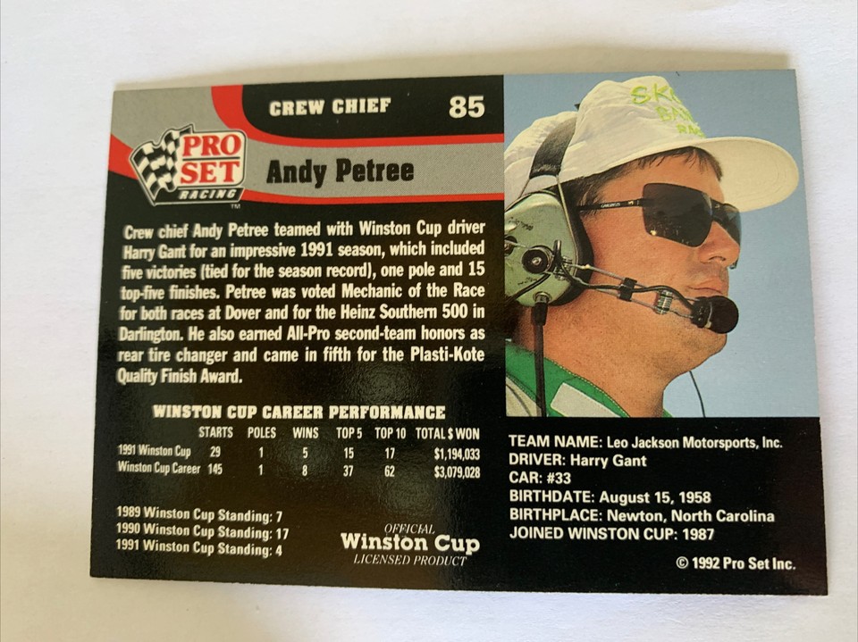 1992 Pro Set Racing #85 Andy Petree Crew Chief Harry Gant NASCAR NmMt ...