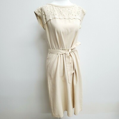 Vintage 1960s 70s Dress Natural Linen Boho Floral Eyelet Midi Belt Ivory  White