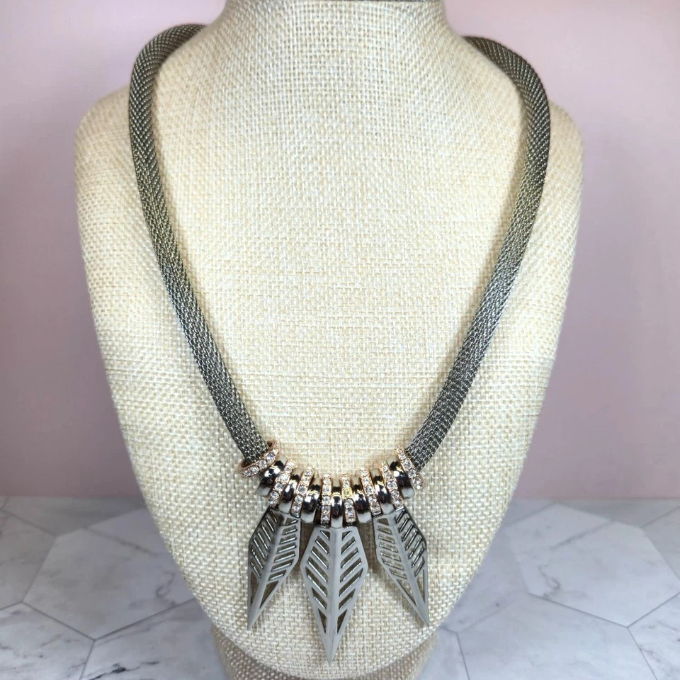 Collar Rebecca Minkoff Tono Plata Malla Oro Rosa Acento Cristal Hoja Colgantes Foto 3 de 4