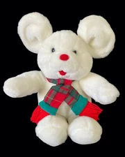 Vtg Commonwealth White Mouse Plush Red Nose w Plaid Holiday Christmas Scarf 12"